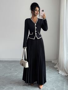 Elenzga Women's Contrast Color Trim V-Neck Long Sleeve Jacket And Long Pleated Skirt Elegant Set - Black - View 7