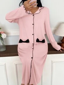SweetSlumber Women's Brushed Ribbed Bowknot Loungewear Dress - Baby Pink - View 6