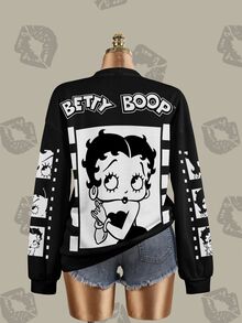 Betty Boop x SHEIN 女款字母卡通圖案休閒日常長袖運動衫 - 白色 - 查看 4