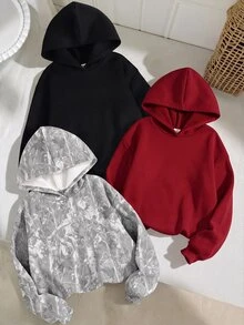 SHEIN 兒童 3件組 青少年女孩寬鬆休閒灰色與黑色葉子印花柔軟舒適連帽衫套裝 秋冬款 - 彩色 - 查看 4