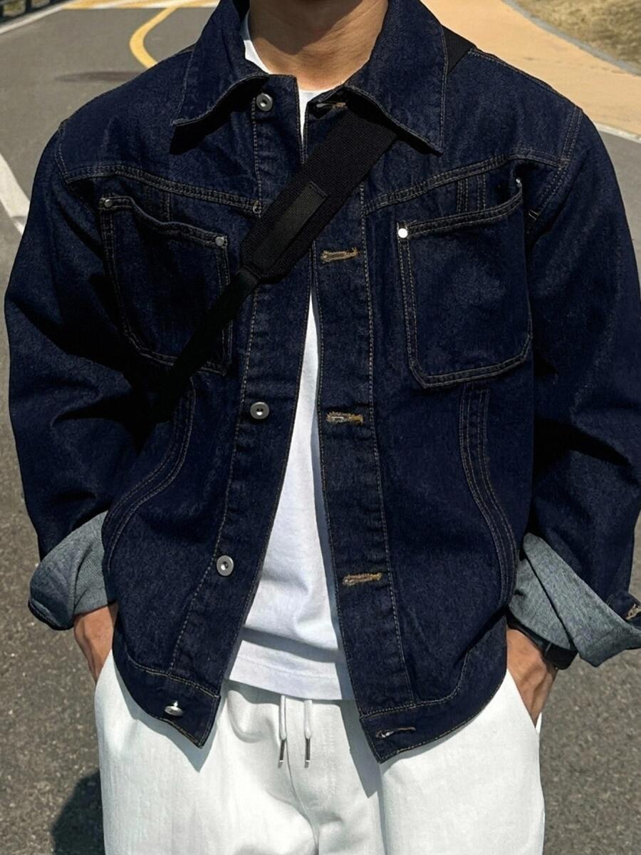 DAZY 春/秋季男士大尺碼深藍色原色牛仔夾克,前口袋設計 - 藍色 - 查看 1