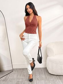 SHEIN PETITE سترة نسائية من القطن مخططة بياقة واقفة وأزرار أمامية فردية، بليزر خفيف للخريف/الشتاء - لون برتقالي - مشاهدة 6