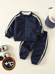 SHEIN 男女嬰兒適用，男嬰2件組秋冬加厚抓絨休閒可愛運動衫套裝，嬰兒冬季套裝，運動服，慢跑褲 - 藏蓝色 - 查看 4