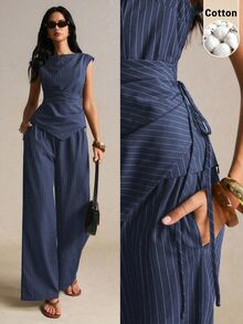 Poéselle Women's Striped Asymmetrical Hem Shirt And Wide Leg Pants Casual 2 Pieces Set - Navy Blue - View 1