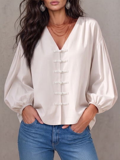 LUMIGAL Women's Autumn White Fashion Casual Frog Button Versatile Shirt