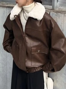 FRIFUL Women's Fur Collar Long Sleeve PU Leather Casual Loose Regular Fit Jacket - Brown - View 7
