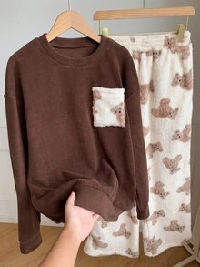 Comfortcana Women's Cartoon Bear Pocket Design Long Sleeve Top And Pants Casual 2 Pieces Set - Multicolor - View 8