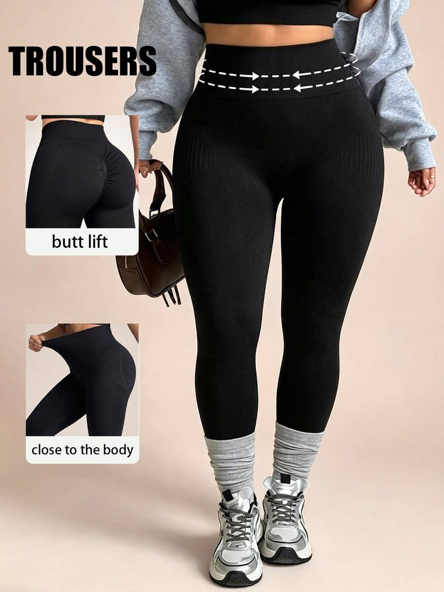 SHEIN Rhythm Era Seamless High Elasticity Plus Size Women's Sports Leggings - Black - View 1