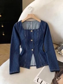 GlowEve Women's Square Neck Long Sleeve Single-Breasted Casual Denim Jacket - Blue - View 2