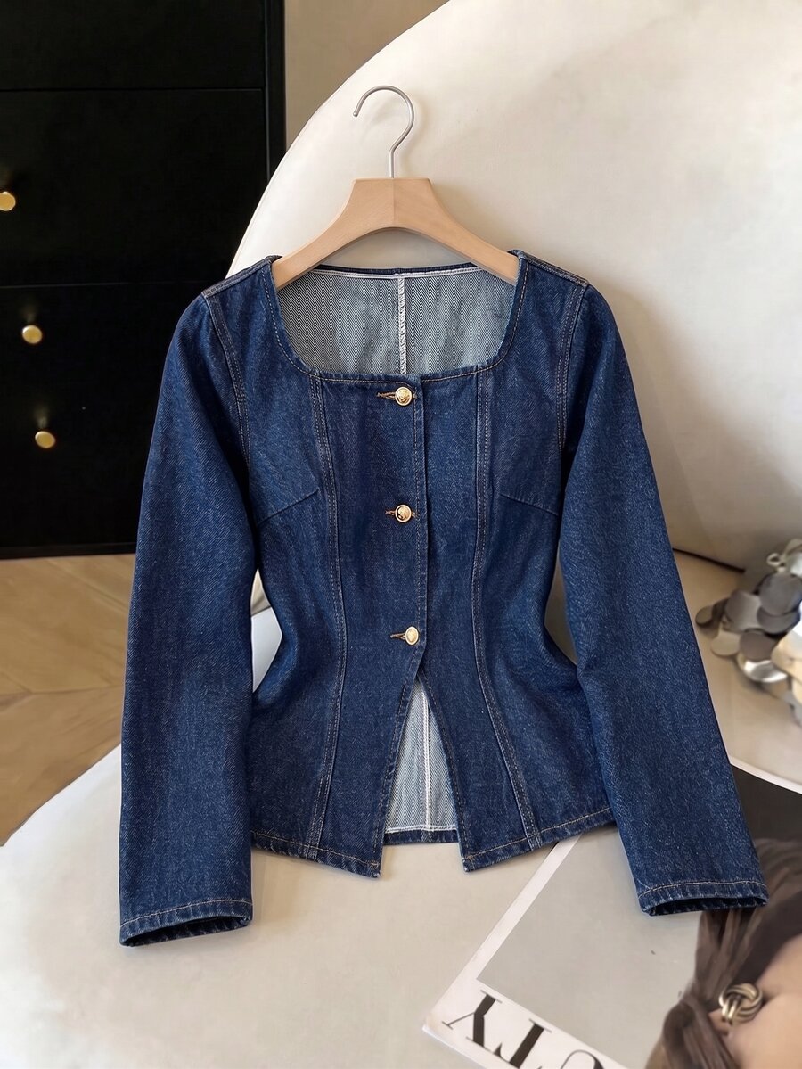 GlowEve Women's Square Neck Long Sleeve Single-Breasted Casual Denim Jacket