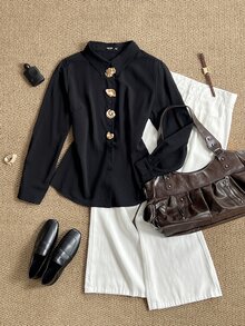 Grovea Blus Longgar Lengan Panjang Berpotongan Melengkung Elegan Warna Polos untuk Wanita Ukuran Besar, Dekorasi Gesper Logam, Musim Semi/Gugur - Hitam - View 1
