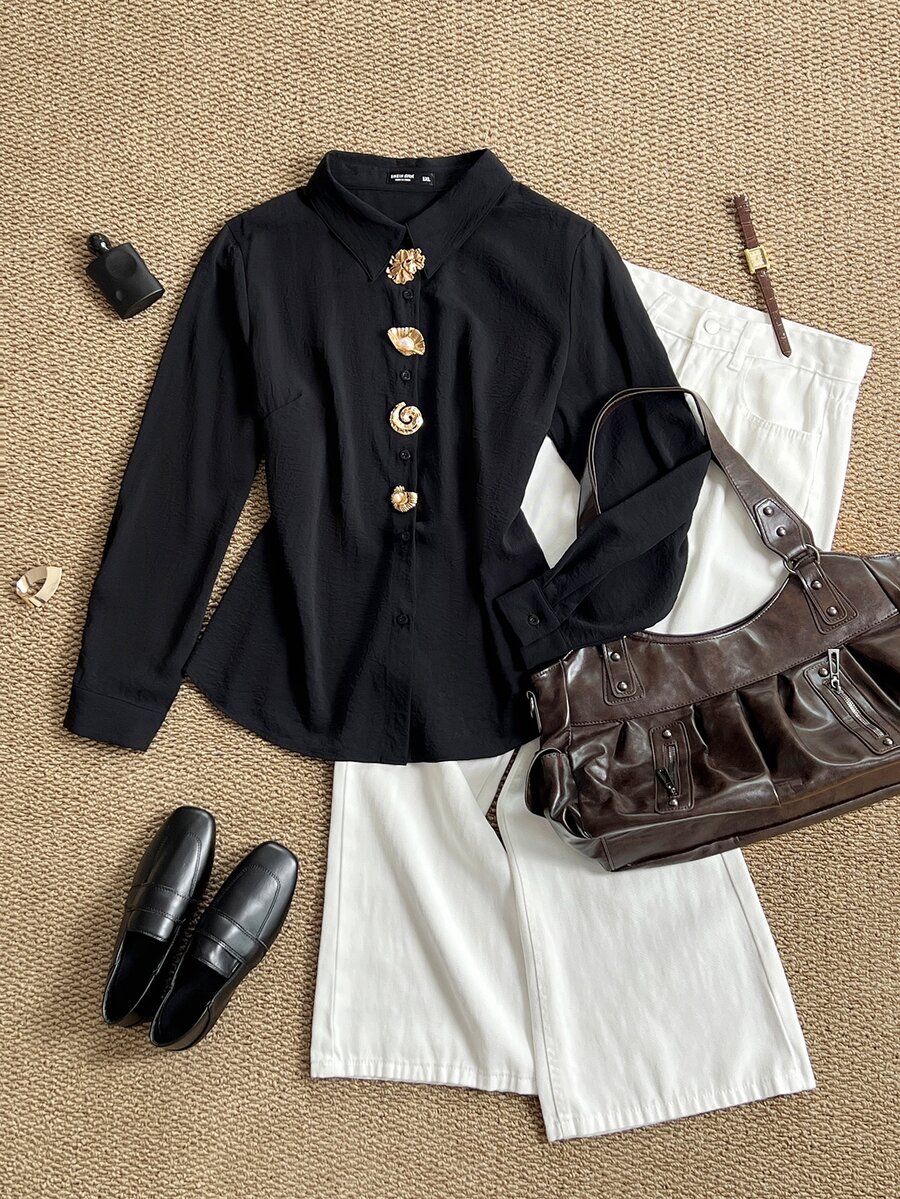 Grovea Blus Longgar Lengan Panjang Berpotongan Melengkung Elegan Warna Polos untuk Wanita Ukuran Besar, Dekorasi Gesper Logam, Musim Semi/Gugur - Hitam - View 1