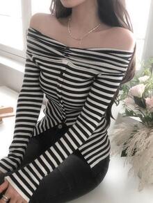 DAZY Women's Striped Long Sleeve Korean Style Elegant T-Shirt Vacation - White - View 4