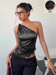 Siren Gaze ملابس علوية نسائية بلون موحد مع دانتيل متباين وحافة غير متماثلة وكتف واحد بدون أكمام بتصميم عصري - الأسود - مشاهدة 4