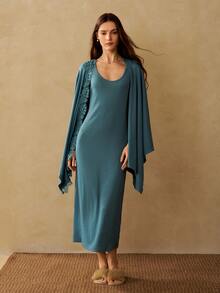 MOTF PREMIUM WOMEN'S PATCHWORK FLORAL LACE TRIM ROBE AND FITTED SLEEP DRESS PAJAMA SET - Dark Green - View 5