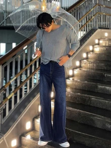 DAZY 男士春秋款深藍色水洗做舊喇叭牛仔褲 - 藍色 - 查看 6