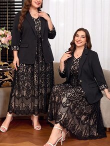 Reflora Plus Size Women's Contrast Lace Cuff Jacket And Dress Elegant Suit Set - Black - View 8