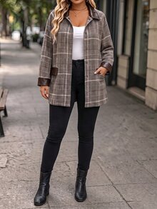 EMERY ROSE CURVE Jaket Wanita Ukuran Besar Motif Kotak-kotak Vintage Musim Gugur/Dingin dengan Kerah Patchwork Kulit, Lengan Panjang, Potongan Longgar, Blazer Komuter Serbaguna Musim Gugur - MultiWarna - View 7
