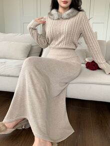 Feyla Women's Autumn/Winter Elegant Fur Collar Sweater & Knitted Skirt 2 Pieces Set - Apricot - View 1