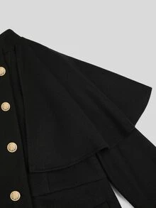 Sweetra Mantel Panjang Hitam Kancing Ganda untuk Wanita Ukuran Besar - Hitam - View 5