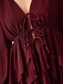 Willow Rêve Women's Burgundy High Waist Ruffle Hem Chiffon Dress, Multi-Tie Deep V Neckline, Solid Color Romantic Sweet & Spicy Bohemian Style, Suitable For Vacation, Date, Party Wear - Brown - View 7