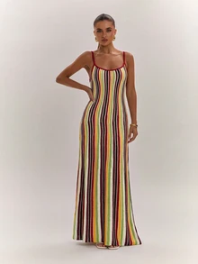 SHEIN BAE 女款綠白條紋夏季細肩帶洋裝，收腰設計，優雅休閒優美，海灘度假風紋理洋裝 - 棕色 - 查看 8