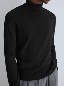 Merionis Men's Solid Color High Neck Long Sleeve Casual Versatile Sweater - Black - View 6