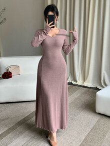 DAZY Women's Solid Color V-Neck Long Sleeve Elegant Dress Fall - Pink - View 4