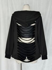 Sunspun Plus Size Distressed Hollow Out Cool Style Y2K Ripped Sweatshirt Halloween - Black - View 2