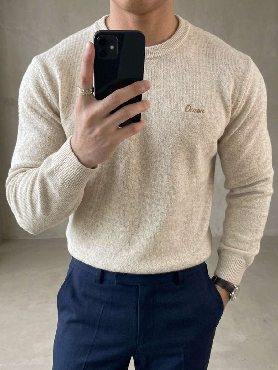 DAZY Men's Autumn/Winter Beige Crew Neck Solid Color Sweater With Chest Embroidery - Beige - View 1