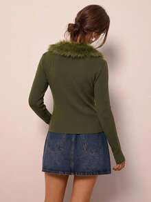 Freevana Women's Patchwork Fuzzy Long Sleeve Slim Fit Knit Cardigan Brunch Olive Green Autumn Casual Elegant - Army Green - View 3
