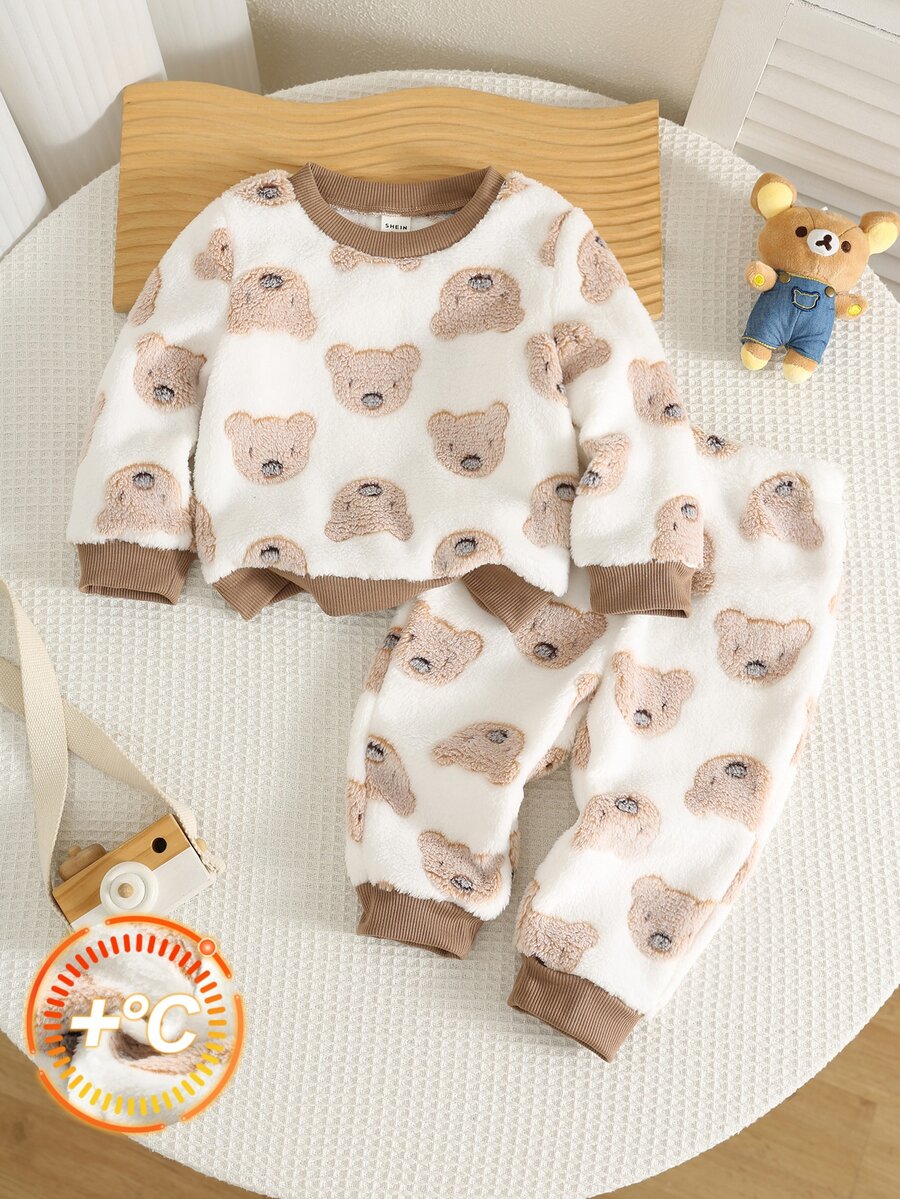 SHEIN 中性嬰兒男/女童 幼兒 2件組 秋冬保暖內裡加厚可愛熊圖案絨毛家居服套裝 睡衣套裝 嬰兒冬季睡衣聖誕款 - 卡其色 - 查看 1