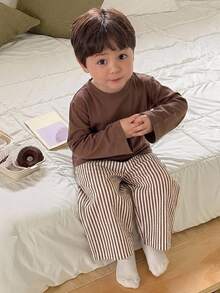 DAZY Baby Boys Round Neck Korean Style Long Sleeve Top And Striped Long Pants 2 Pieces Set Loungewear - Khaki - View 7