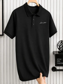 Manfinity Homme 男士字母印花短袖休閒通勤 Polo 衫 - 黑色 - 查看 4