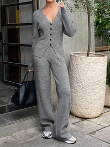 DAZY Women's Solid Color Long Sleeve Single-Breasted Knit Cardigan And Knit Pants Casual 2 Pieces Set Fall - Grey - View 3