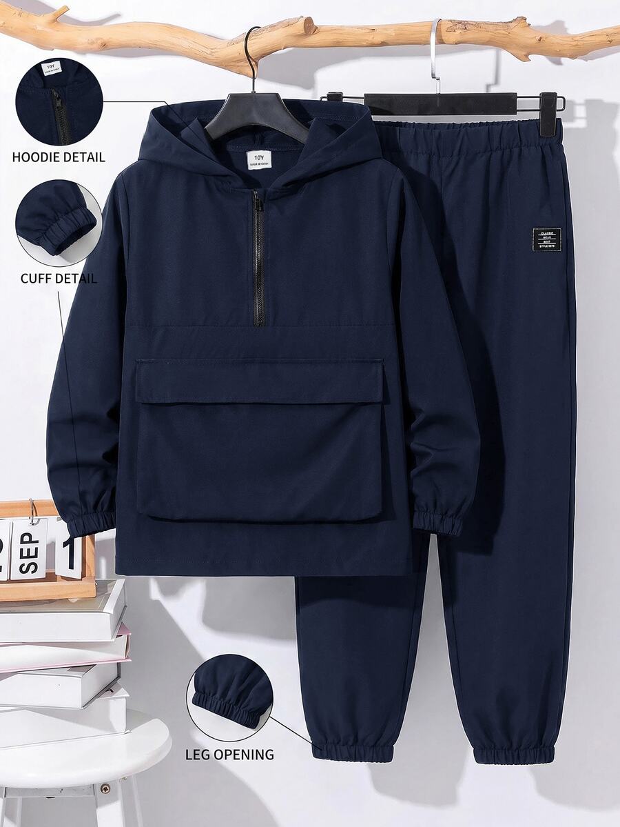 兒童青少年男孩半拉鍊連帽外套與慢跑長褲2件套,休閒運動風,適合秋冬 - 藏蓝色 - 查看 1