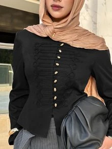 Solavon Women's Fall Fashion Waist-Cinching Jacket Chinese Knot Dinner Office Black And Gold Elegant Preppy - Black - View 2