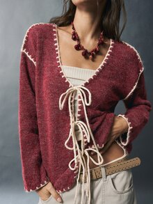 Bohemela Women's Colorblock Front Tie Drop Shoulder Long Sleeve Knit Cardigan - Burgundy - View 1