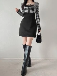 FRIFUL Women's Patchwork Houndstooth Print Long Sleeve Fitted Short Dress Dinner Date Black Autumn Elegant Plaid - Black - View 3