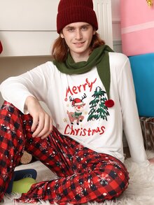 Chillnights Men's Cute Christmas Reindeer Christmas Tree Plaid Snowflake Print Crew Neck Long Sleeve Comfortable Couple Loungewear Set - Multicolor - View 6