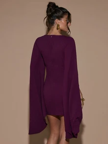 SHEIN BAE Fall Winter Plum Purple Cape Sleeve Round Neck Bodycon Ruched Sexy Mini Dress Thanksgiving Party Cocktail Short Dresses - Rose Red - View 2