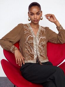 Maija Women's Casual Sequin Embroidered Patchwork Shirt, Autumn - Brown - View 4