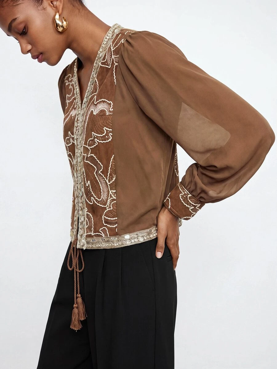 Maija Women's Casual Sequin Embroidered Patchwork Shirt, Autumn - Brown - View 1