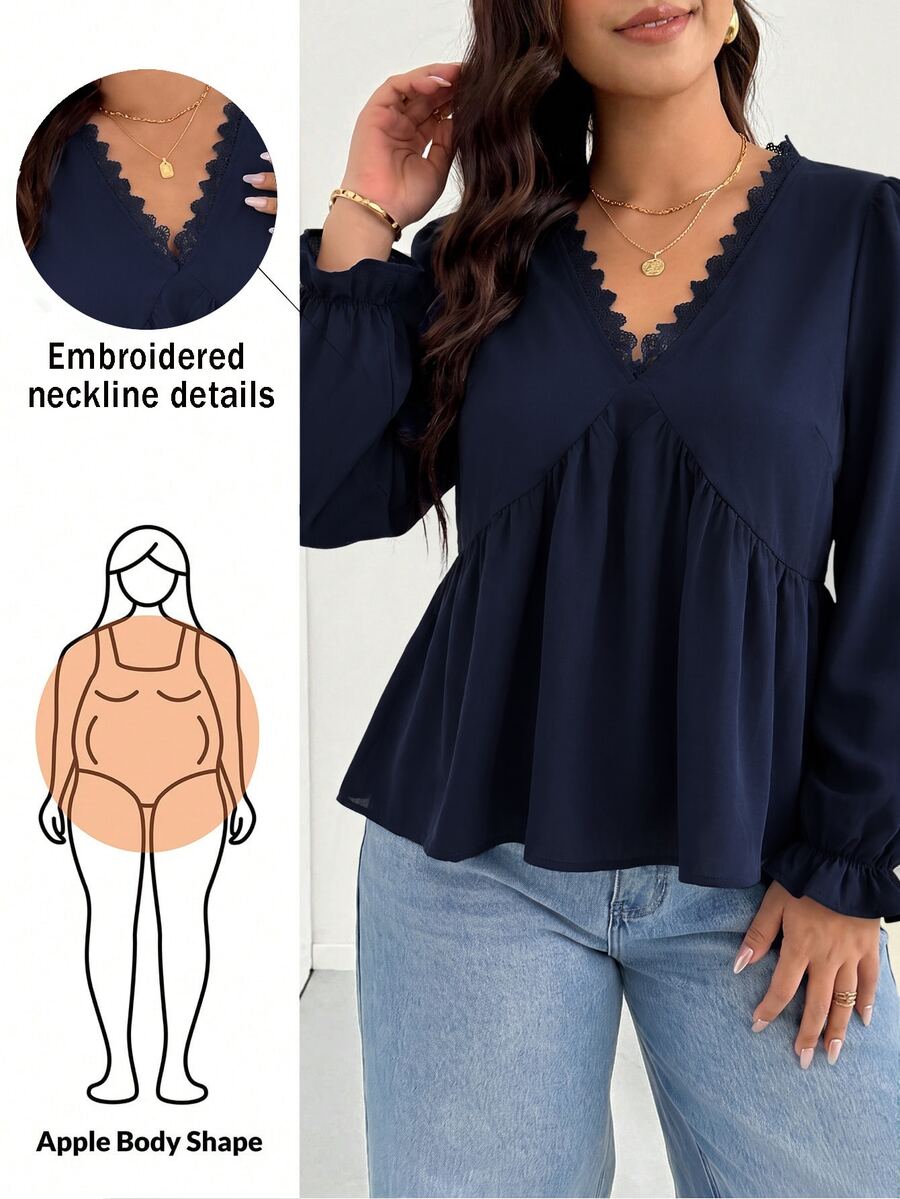 Shapeblank Plus Size Women Solid Color Contrast Lace V-Neck Long Sleeve Fashion Blouse - Blue - View 1