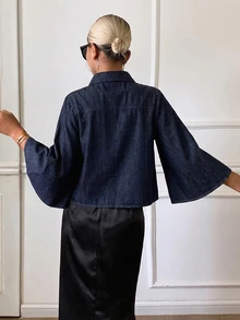 Livesso 女款深洗藍色牛仔襯衫，寬鬆版型，長袖，鈕扣開襟，翻領，口袋裝飾，秋季 - 深色水洗藍 - 查看 2