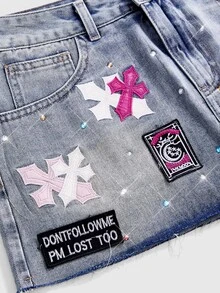 ROMWE Street Life Street Style Colorful Contrast Cross Patch Embroidery Low Waist Mini Bodycon Denim Skirt - Blue - View 3