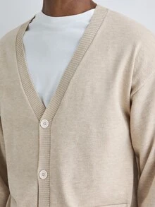 Merionis Men's Solid Color Drop Shoulder Long Sleeve Single-Breasted Casual Knit Cardigan - Apricot - View 6