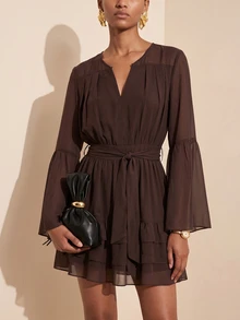 Vesra Women's Solid Color Notch V-Neck Bell Sleeve Fashion Short Dress - Brown - View 5