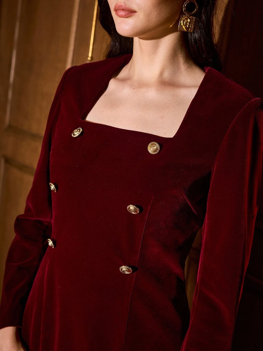 MOTF PREMIUM WOMEN'S AUTUMN/WINTER ELEGANT SQUARE NECK BUTTON DECOR SLIM FIT TOP - Red - View 2