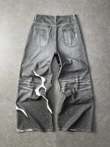 ROMWE MEN Men's Skull Pattern Rhinestone Embellished Pocket Denim Jeans - Black - View 2